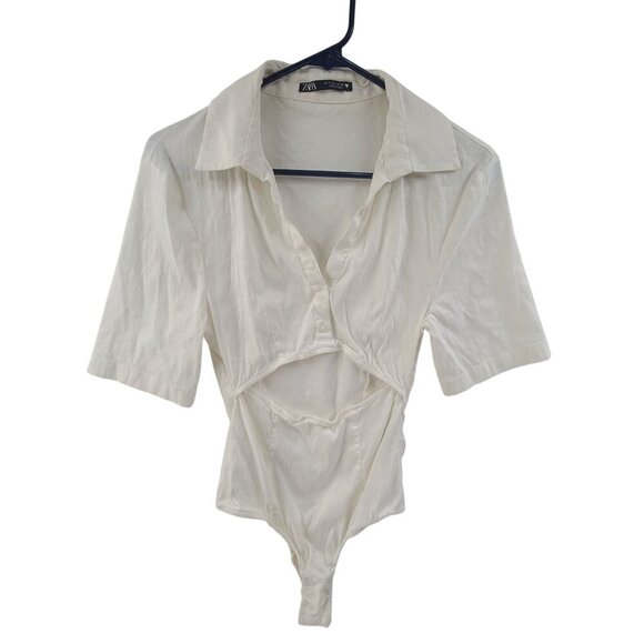 Zara White Elastic Linen Cut out Bodysuit Collard V Neck Short Sleeve Size S - Picture 3 of 9